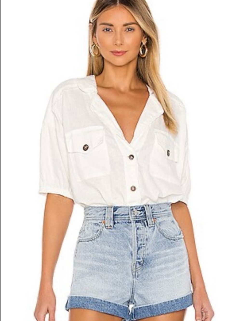 Relaxed White Button-Front Pocket Shirt/Bodysuit